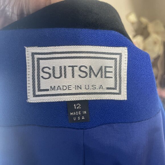 SUITSME Wool Blend Blazer Womens 12 Blue Velvet Collar Vintage Career Jacket - Picture 7 of 9